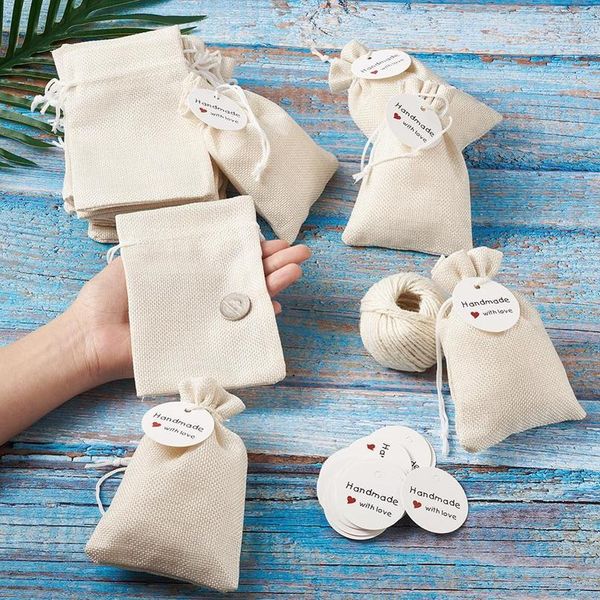 

1set burlap packing pouches drawstring bags with jewelry display kraft paper price tags and hemp cord twine string for sqcnxu