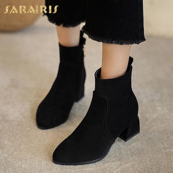 

boots sarairis 2021 arrivals flock comfy ankle woman shoes zip up mid calf concise elegant spring autumn ladies, Black