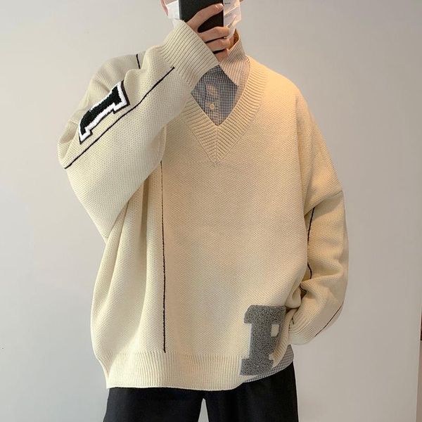 

trend letter knitted sweater men 2021 winter v-neck sweater casual oversized long sleeve pullover men big size ropa, White;black