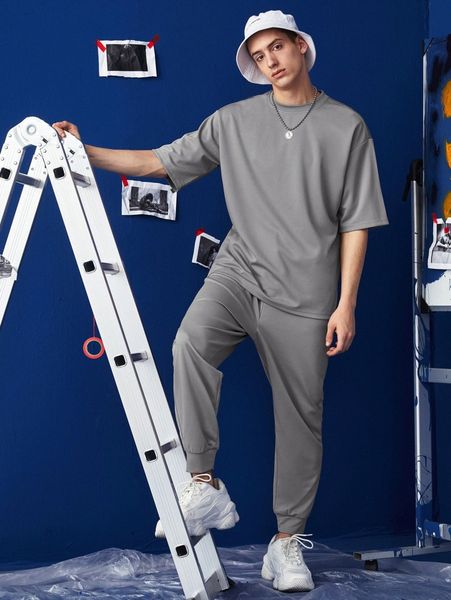 

men drop shoulder tee and sweatpants set o9zw#, Gray