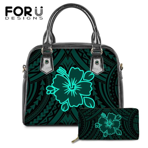 

fourdesigns 2pcs/set maori tattoo print women luxury handbag shuolder bag polynesia design ladies long pu purse bolsa femininas
