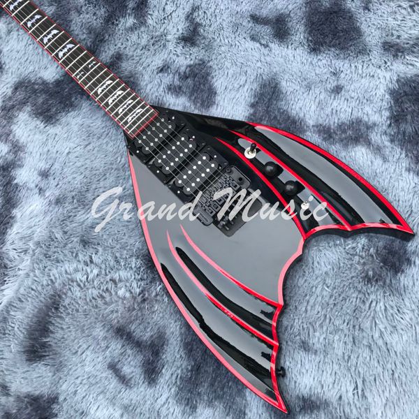 Chitarra elettrica personalizzata Factory Design in nero con striscia rossa