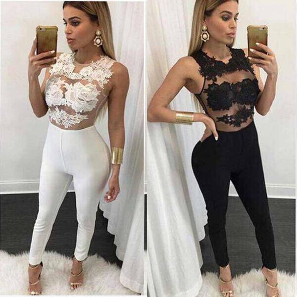 

wholesale- black apparel white lace up summer jumpsuit 2016 spring elastic round neck fitness bodycon women's jumpsuits rompers casual1, Black;white