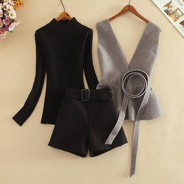 

2021 autumn winter women sweater 3 pcs set fall suit loose black shorts regular pullover soft knitwear outfit office lady z961, Gray