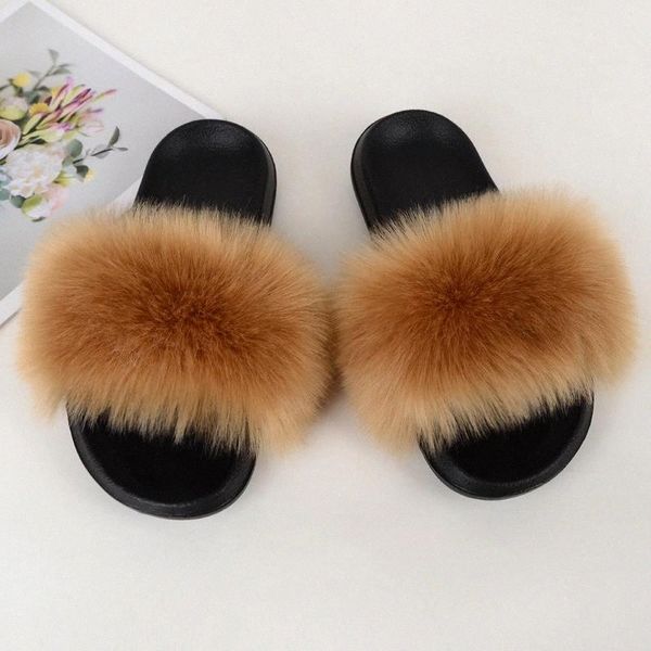 

rimocy summer 2020 new fluffy faux fur slides women cute plush home flat slippers woman fake fox fur soft bottom beach shoes #z46k, Black