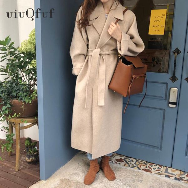 

fashion woman wool coats with belt turn-down collar autumn winter coat women medium-long open front wool abrigo mujer, Tan;black
