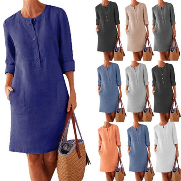 

women 3/4 sleeve shirt dress fashion trend round neck high waist buttons long skirts designer summer female new pocket casual loose dress, Black;gray