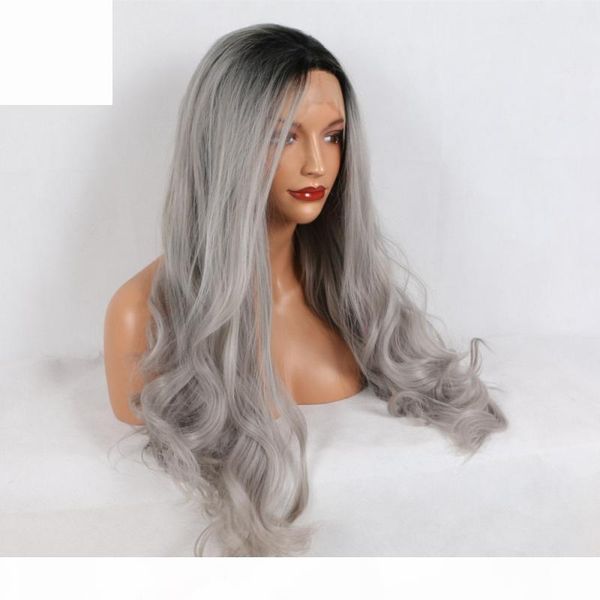 

black and grey lace front wig synthetic half hand tied long wavy heat resistant fiber dark root gray synthetic ombre lacefront wigs glueless, Black;brown