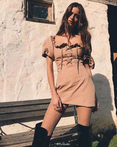 

skirt tie rope hip wind cross tight lantern sleeve women's dress 9386, Black;gray