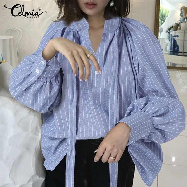 

celmia women lantern long sleeve shirts casual loose striped blouses ladies buttons neckline elegant cotton plus size1, White