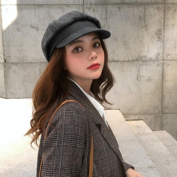 

berets winter 2021 black beret vintage women plaid hat sboy cap fashion casual women's hats korean retro octagonal gorras, Blue;gray