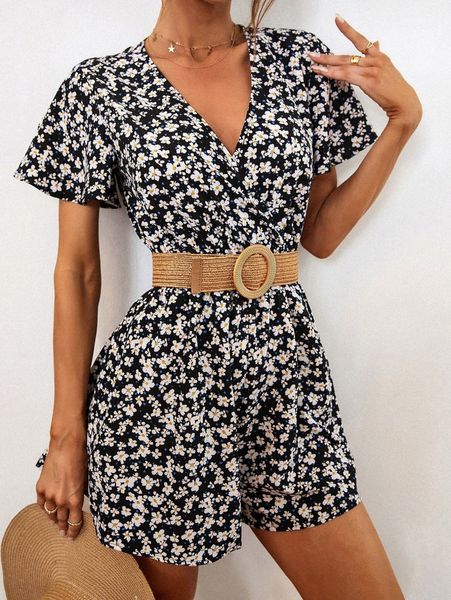 

allover floral print butterfly sleeve romper without belt j1uq#, White