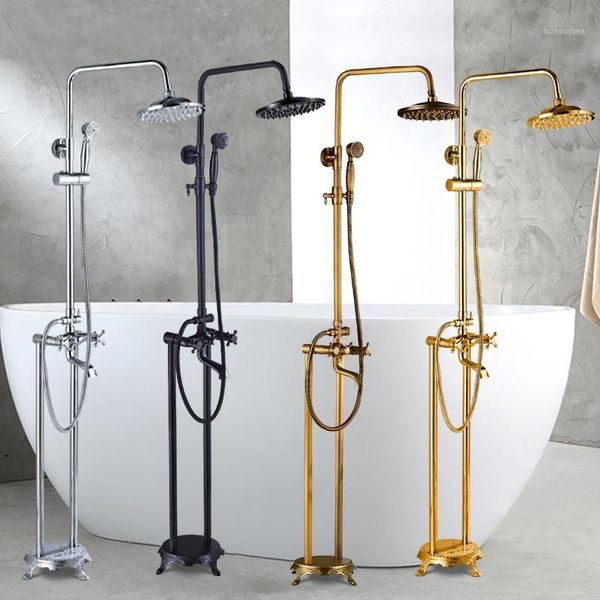 

floor mounted standing bathroom tub faucet rainfall shower head hand shower systom tub spout mixer tap 2 handle1