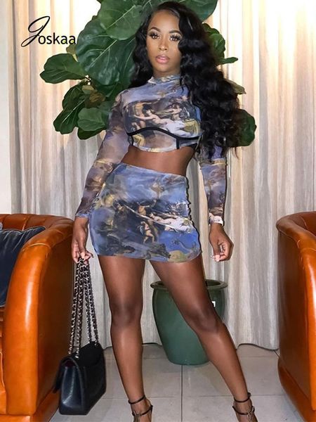 

joskaa длинные рукава ретро печати 2020 sexy 9-точечная юбка 2-х частей осень и fashion street sports wear winter женские, Gray