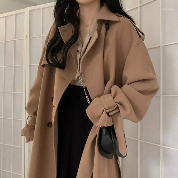 

women autumn coat trench khaki winter outerwear elegant loose long coats female vintage oversize windbreaker 2021 solid fashion1, Tan;black