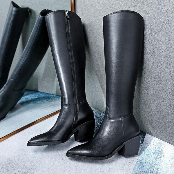

boots sklfgxzy winter style genuine leather knee high women motorcycle pointed female warm shoes1, Black