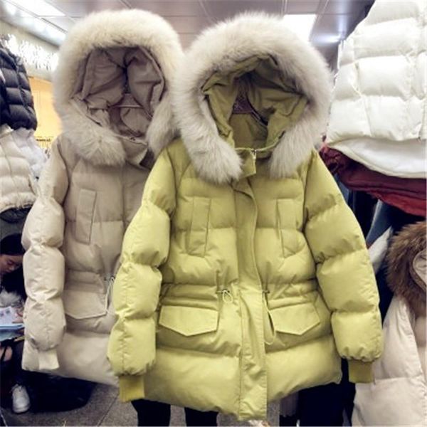 

2019 korean version of the loose waist hooded large fur collar cotton women's bread padded clothes thick winter new1, Black