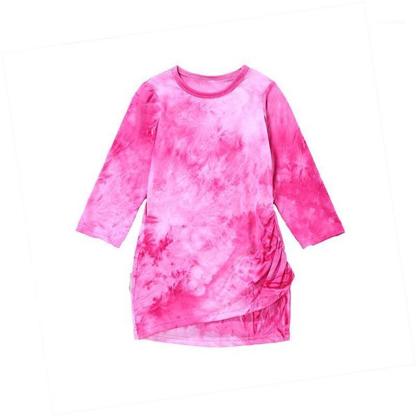 

one persent kid girl tie dye dresses children long sleeve pleated printed irregular for children dresses1, Red;yellow