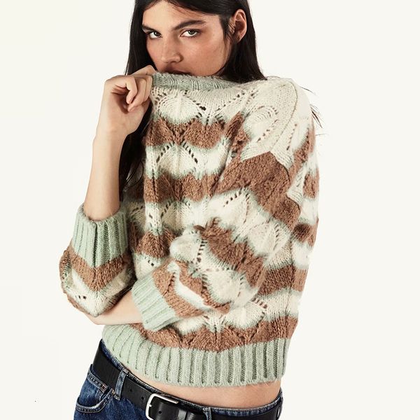 

2021 new autumn winter women hollow striped pullovers warm long sleeve vintage o-neck sweater j7dd, Black;white