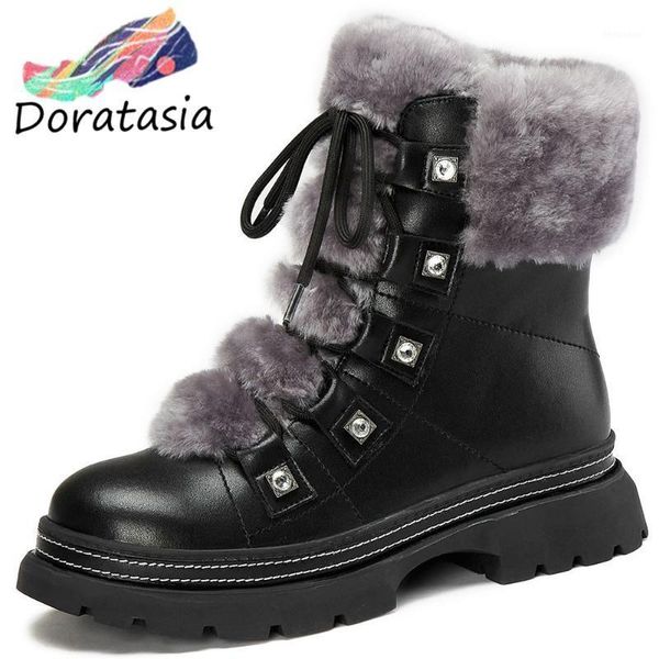 

boots brand chic fur skidproof rubber sole shoelaces split leather snow booties russia winter shoes women1, Black