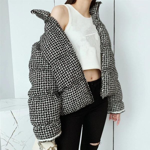 

runway tweed jacket women turtleneck black jacket zip up 2020 winter coat black white tweed plaid cotton padded coat1, Black;brown