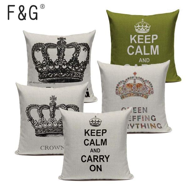 

retro home decorative cotton linen blended cushion cover crown black white green throw pillow case king queen letter pillowcase1