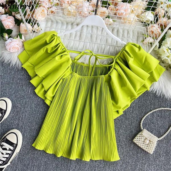 

women's blouses & shirts woherb women blusas mujer de moda 2021 loose short korean lace backless square collar blouse sweet pleated sum, White