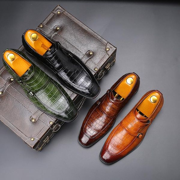 

men's side buckle loafers casual shoes wedding party formal dress shoes men pointed crocodile leather business plus size48, Black