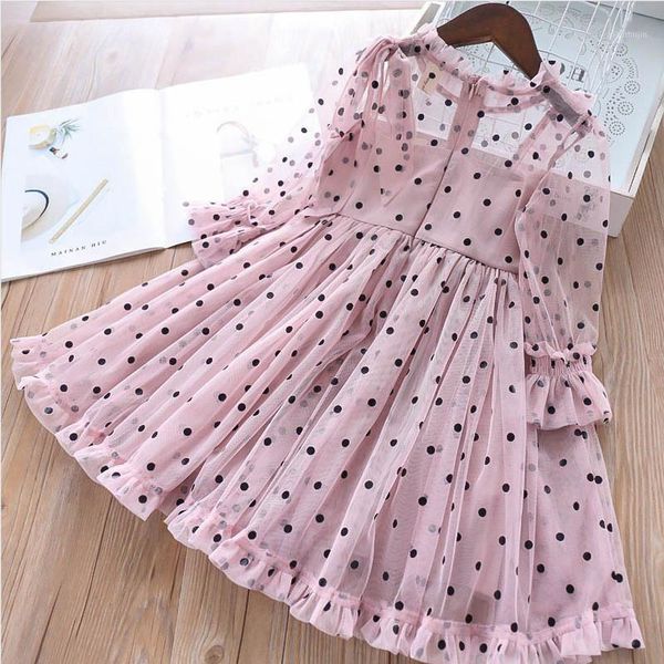 

girl's dresses summer toddler baby girl kids polka dot ruffles bowknot mesh dress long-sleeved ruffled mid-length dress1, Red;yellow