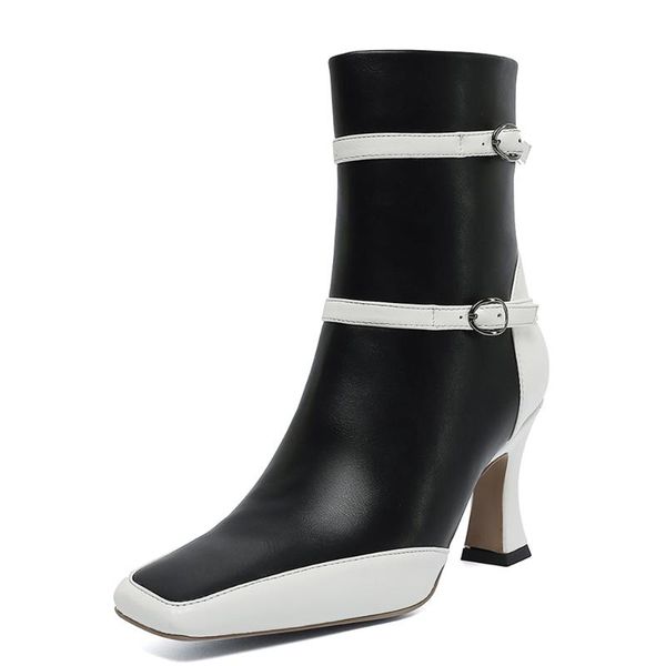 

square toe microfiber color matching belt buckle mid-calf boots wine glass with double breasted high-heeled fashion shoes, Black