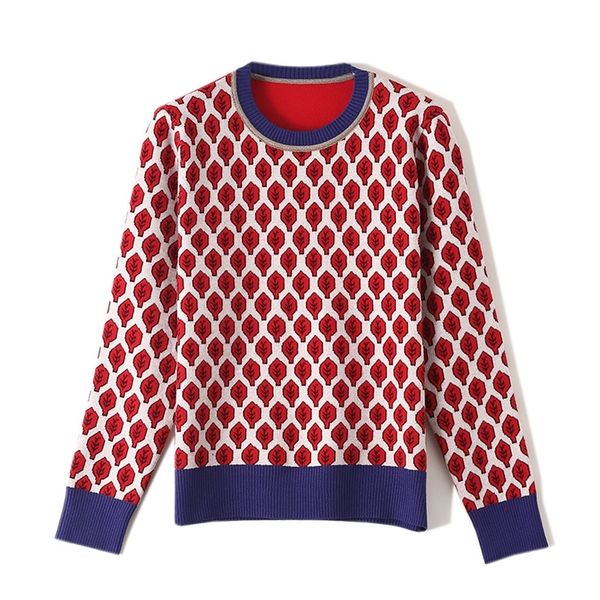 

women new vintage red leaf jacquard warm sweaters long sleeve o neck lurex christmas pullovers autumn knitted retro 201223, White;black
