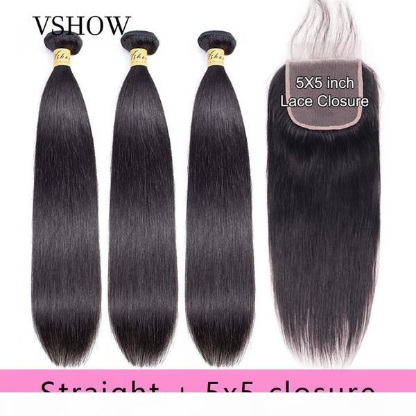 

vshow peruvian straight hair 3 bundles remy human hair extensions with 5*5 lace closure double weft weave bundles with closure, Black