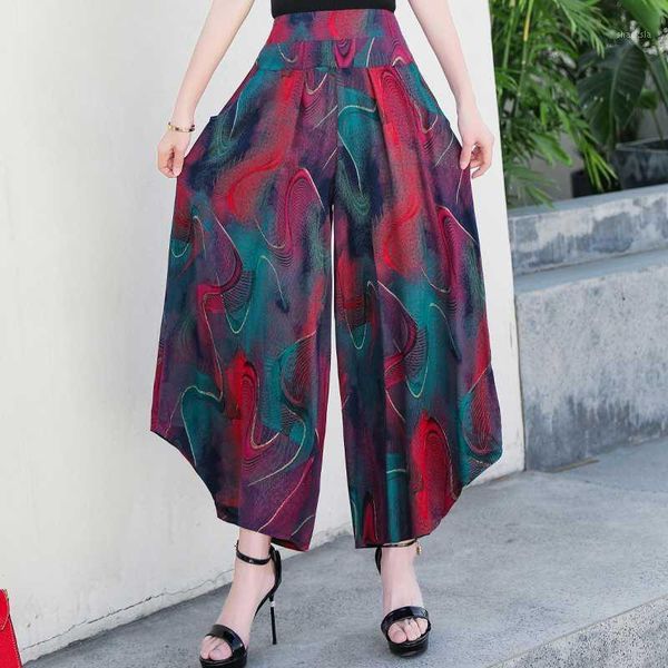 

2020 plus size summer wide leg pants women loose high waist beach ankle-length pants summer casual retro print women1, Black;white