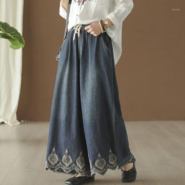 

casual cotton denim embroidery wide leg pants spring new female elastic waist pockets blue women vintage pants1, Black;white