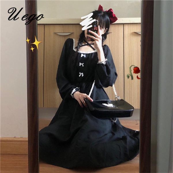 

hepburn style square collar black vintage dress japanese lace bandage college girl's chic dress women autumn spring casual, Black;gray