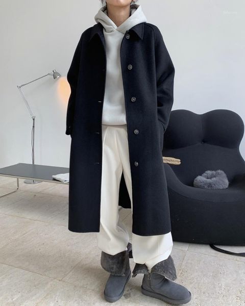 

woman classic handmade 100% long cashmere coat1, Black