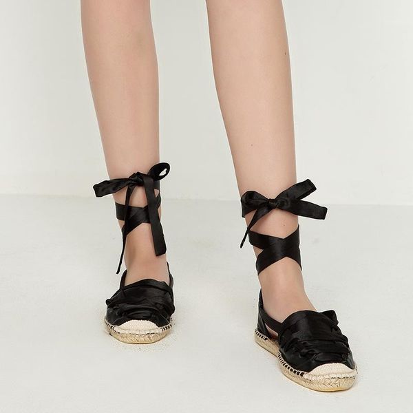 

teahoo summer women ankle strap espadrilles flat sandals silk lace up platform gladiator sandals women fashion flat shoes woman1, Black