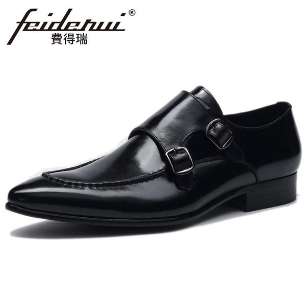 

new arrival genuine leather men's double monk straps pointed toe handmade man flats formal dress shoes for gentleman bql200, Black