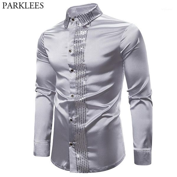 

shiny silver sequin shirt men 2019 slim fit silk satin mens dj dance shirts night club stage party shirts chemise homme camisas1, White;black