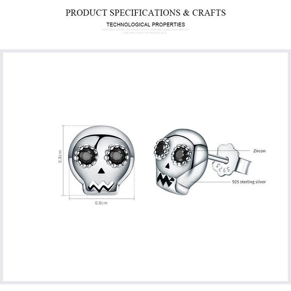 

bamoer genuine 925 sterling silver skull skeleton stud earrings for women black clear cz sterling silver jewelry brincos sce064 wmtlvs, Bronze;silver