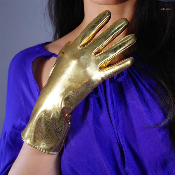 

five fingers gloves 2021 patent leather 28cm long keep warm emulation women mirror bright gold female pu191, Blue;gray