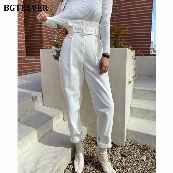 

bgteever vintage loose women corduroy pants 2020 autumn high waist belted single-breasted casual trousers female harem pants, Black;white