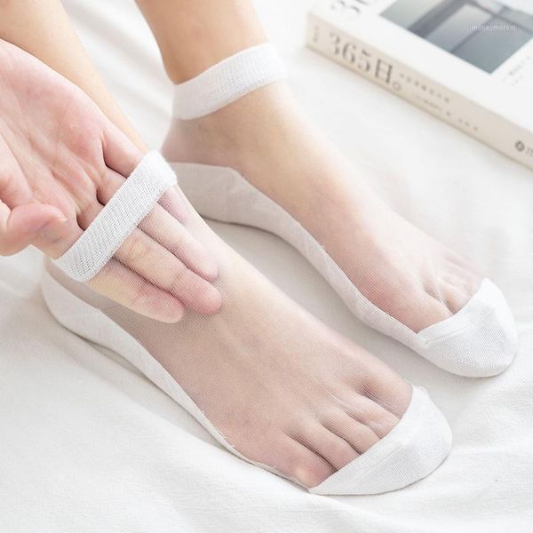 

socks & hosiery 2021 ladies sheer transparent thin crystal silk elastic solid color sole elegant women ankle girls hosiery1, Black;white