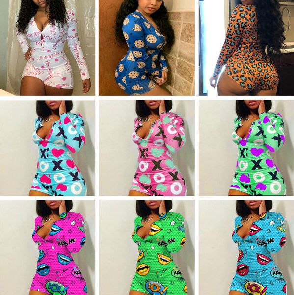 

women jumpsuits rompers designer pajama onesies nightwear bodysuit workout button skinny print v-neck short onesies cy09, White