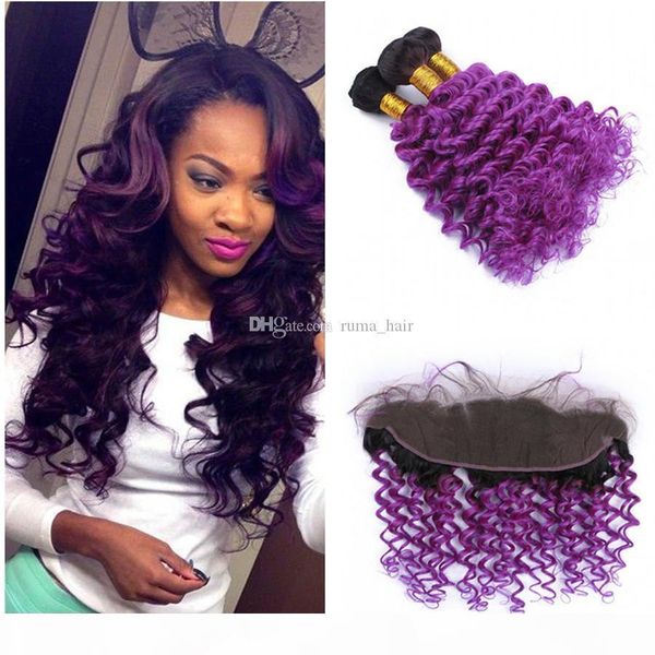 

malaysian virgin human hair bundles with lace closure 2 tone 1b purple lace frontal closure with bundles unprocess human virgin hair, Black;brown