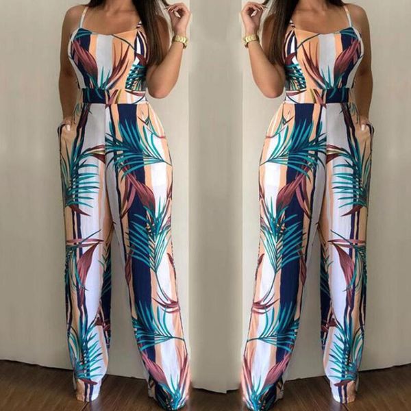 

2020 streetwear women romperswomen sleeveless leaf print jumpsuit casual clubwear wide leg playsuit jumpsuit solid button, Black;white
