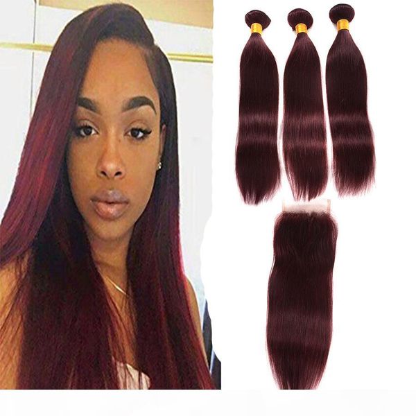 

malaysian peruvian burgundy hair with lace closure straight 99j dark root wine red ombre virgin hair weaves 3bundles with 4x4 lace closure, Black;brown