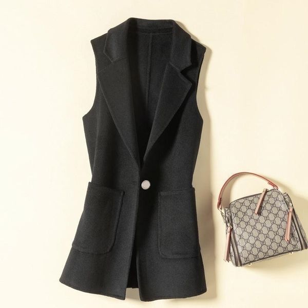 

spring 2021 new female autumn wool vests solid sleeveless vest pockets half long jackets y221 5 mawc, Black;white
