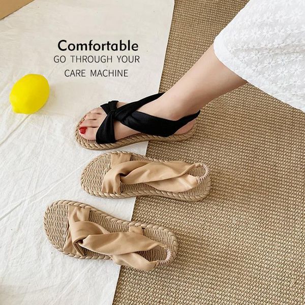 

sandals 2021 summer women's flat shoes sweet stylish slip-on open toe elastic gladiator shoe cross soft straps for woman1, Black