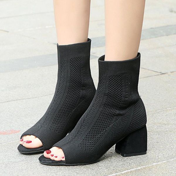 

woman boots shoes summer open toe long boots slip-on mesh leisure high heels sandals breathable booties female 2020, Black